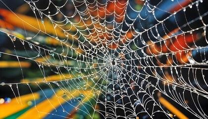 Glistening spiderweb with colorful bokeh and dew drops