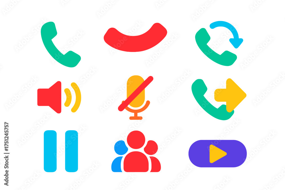Modern Call Feature Icons. Flat vector icons of call features: start ...
