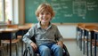 © Lubov - Smiling blond boy in wheelchair sits at desk in classroom. Green blackboard with drawings behind him. Child studies in school, feels happy and included.