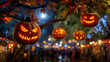 © Noon - Lively Halloween street party where joyful zombies dance among pumpkin lanterns and floating ghosts under a full moon
