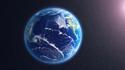 Wall Mural - A captivating video concept of Earth from space, showcasing a full globe view. The angle highlights continents and swirling clouds against a starry backdrop. Live desktop wallpaper.
