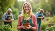 © Lubov - Smiling woman holds tree in pot with team working. Female volunteer with seedling. People plant trees in garden. Eco friendly lifestyle. Reforestation project helps to create sustainable future.