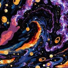 Wall Mural - Abstract cosmic scene with swirling colors and planets, top-down angle, video style.