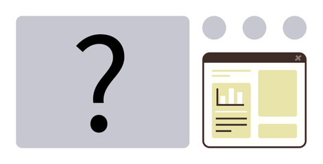 Question mark beside a web browser window mockup with graphs and text layout. Ideal for UX design, data analysis, problem-solving, troubleshooting, online strategy, web development, simple flat