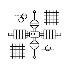 Wall Mural - Vector art of a simple black and white line drawing of a satellite or space station with solar panels and antennas, isolated on a, representing communication and technology in orbit