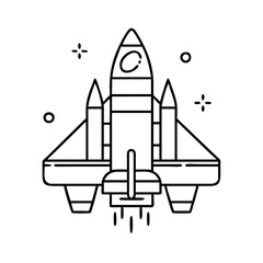 Wall Mural - Vector art of a minimalist black and white line art illustration of a rocket ship launching into space, isolated on a, symbolizing exploration and adventure