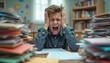 © Lubov - Young boy screams aloud, clutching head in utter despair, completely overwhelmed by towering piles of school papers, assignments. Shows intense frustration from heavy homework, academic pressure. Kid
