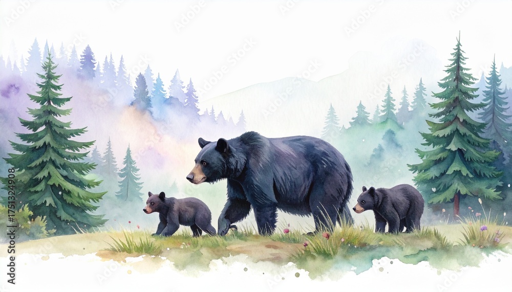 Watercolor painting of a mother bear and her two cubs walking in a ...