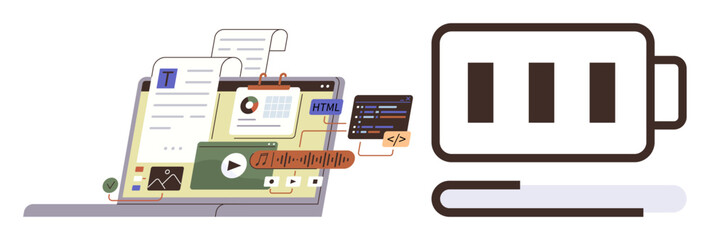 Laptop displaying web development, video, and content files connects to battery icon. Ideal for technology, productivity, digital workflow, creativity, energy consumption, coding simple flat