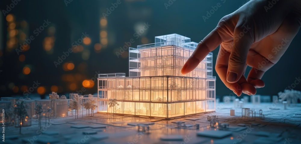 Digital architectural model shows building design. Hand points to ...