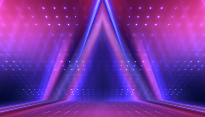 Wall Mural - Background of empty stage show. Neon light and laser show. Laser futuristic shapes on a dark background. Abstract dark background with neon glow
