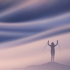 Poster - Mountain climb. Cheerful woman with trekking poles. Silhouette in fog
