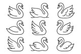 Set of nine swan line drawings in various elegant poses