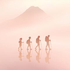 Canvas Print - People with trekking poles. Family travel. Mountain silhouette in fog