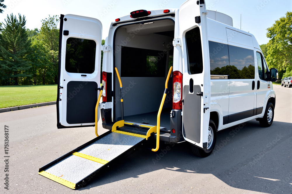 Van With Ramp White wheelchair accessible van with ramp deployed for easy access for ...