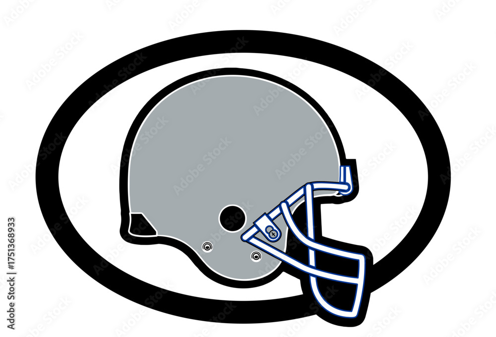A stylized football helmet at the center of the design. Sports graphic design for fans, with silver and blackcolors, perfect for football enthusiasts.