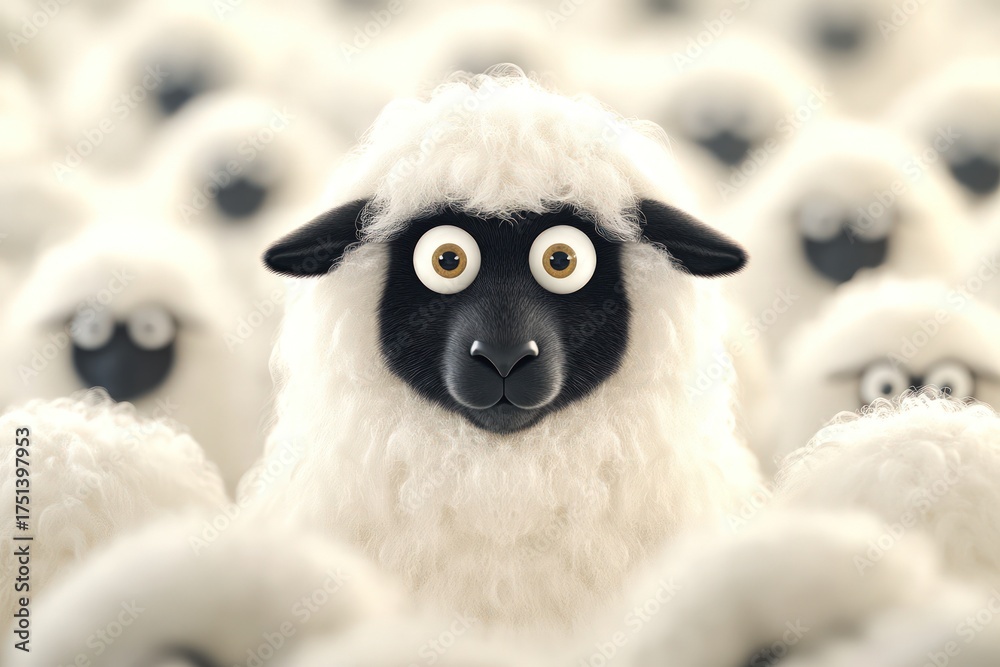 Black sheep standing out in crowd of similar white sheep, looking ...