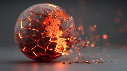 Wall Mural - Abstract 3D Representation of a Shattered Sphere with Glowing Crystals and Sparks in Dark Background