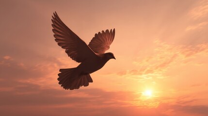 Wall Mural - Majestic Bird in Flight Against a Dramatic Sunset Sky with Soft Clouds and Warm Glows Capturing a Serene Moment of Nature's Beauty