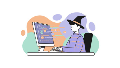 Coder in witch hat develops Halloweenthemed software Seasonal tech work and spooky digital concept
