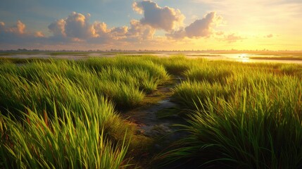 Wall Mural - Serene Sunset Over Lush Green Grasslands by Tranquil Water Body with Vibrant Clouds and Golden Horizon in a Nature-Loving Landscape