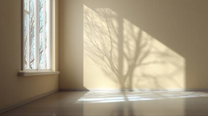 Wall Mural - Soft Natural Light Casting Intricate Tree Shadow on Warm Beige Wall in Contemporary Interior Space with Wooden Floor