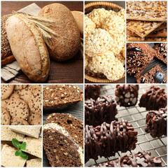 Wall Mural - Collection of food products with gritty or seedy food texture, collage