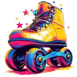 Striking and Vibrant Neon Roller Skate in Retro 80s Pop Art Style with Glowing Luminous Hues and Comic Inspired Stylized Design on Isolated White Background