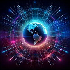 Wall Mural - Glowing lines of energy envelop a globe, suggestive of interconnected networks. A world map is visible. The composition is bathed in cool blue and hot pink hues, evoking technology, communication, and