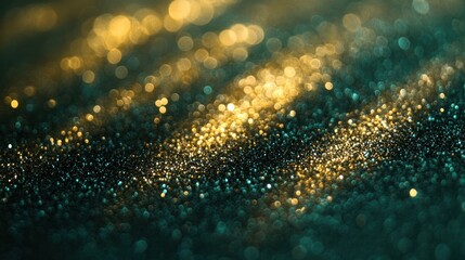 Abstract bokeh background with gold and teal glitter.