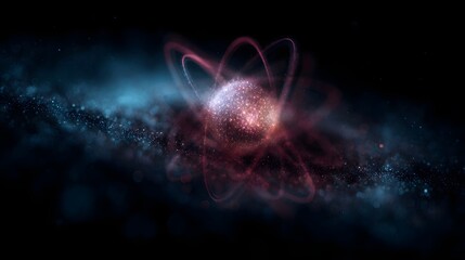 Wall Mural - Abstract glowing atomic nucleus with orbiting electrons in cosmic nebula