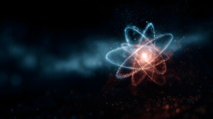 Wall Mural - A glowing abstract atom model with luminous orbiting paths and energetic particles representing science and discovery