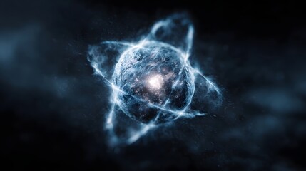 Wall Mural - A highly detailed luminous atomic nucleus glowing with intense blue energy and surrounded by swirling plasma in a dark abstract space