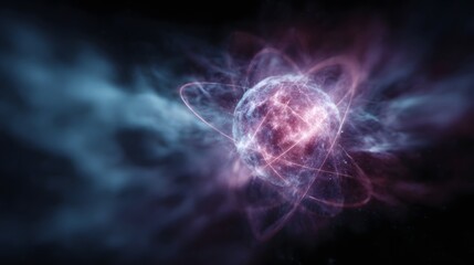 Wall Mural - Abstract depiction of a glowing atomic nucleus with dynamic orbiting energy lines and a smoky cosmic background