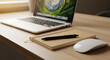 © PixelVista - Laptop notebook pen and mouse on a wooden desk creating a workspace environment with natural light