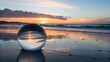 © Jani - Crystal ball placed on wet sand, reflecting inverted sky and ocean horizon, glowing sunset colors, surreal yet realistic composition, cinematic lighting in 8K
