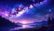 © qiara - Vibrant Starry Sky Over Tranquil Lake with Forest Silhouette at Dusk in Deep Purples Blues and Oranges