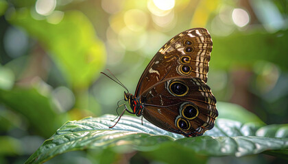 Wall Mural - Brown butterfly resting calmly on green tropical leaf with detailed textures and soft bokeh background creating peaceful natural scene in warm sunlight