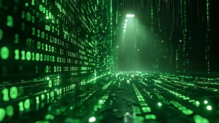 Abstract digital tunnel with glowing green binary code, representing data, technology, and cyberspace