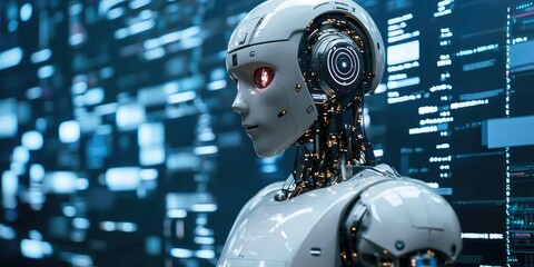 A humanoid robot with a sleek, metallic body and glowing eyes, standing in front of a digital screen with code and data in the background.