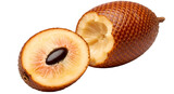 Salak fruit sliced textured brown skin, yellow pulp, black seed