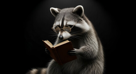 clever raccoon holding wooden stick on dark black background, intelligent wildlife animal showing curiosity and playfulness, high resolution isolated image for creative stock use