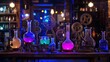 © aleks - Colorful glass flasks and gears on a workbench in a dimly lit laboratory showcasing a blend of science and art