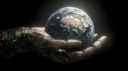 Wall Mural - A futuristic concept of artificial intelligence controlling planet Earth with a robotic hand and cosmic backdrop symbolizing global technological influence and advanced AI power
