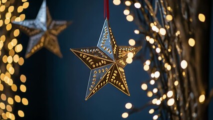 Closeup of a shiny silver star ornament with bokeh lights