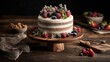© elenaed - Rustic birthday cake with naked frosting fresh berries and a wooden cake stand cozy countryside vibe