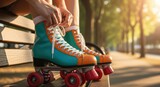 Female tying vibrant roller skates in sunny park setting
