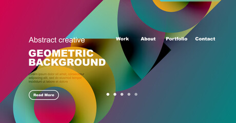 Modern website mockup features vibrant overlapping circles. Text promotes geometric background design, includes navigation options.