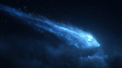 Wall Mural - Glowing comet with a long luminous tail streaks across a starry night sky above clouds