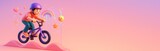 Cute cartoon-style child riding a bicycle with helmet and colorful whimsical elements on pink gradient background, perfect for sport banner design template. Ai generative
